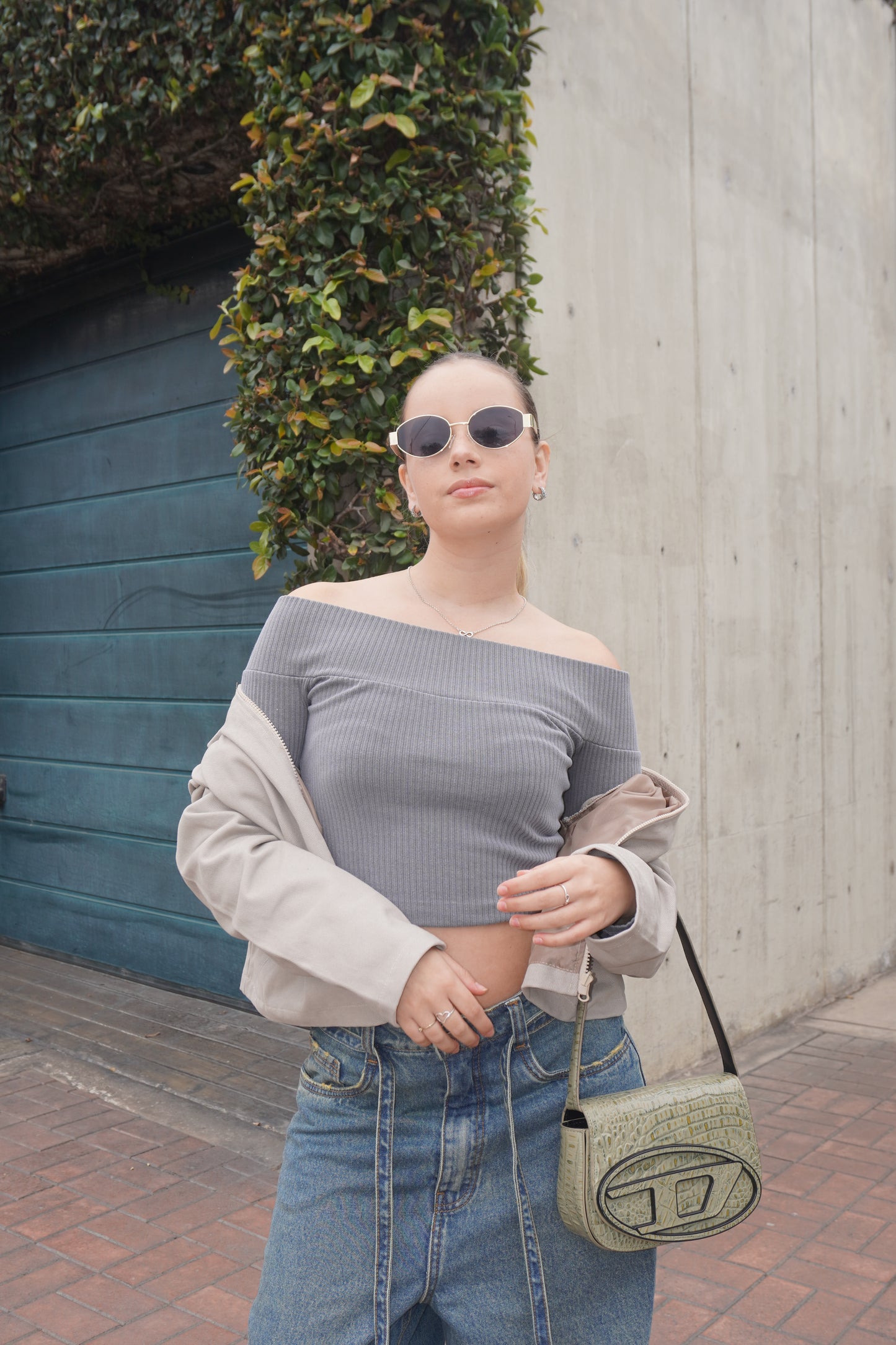 Off Shoulder Rib - Grey